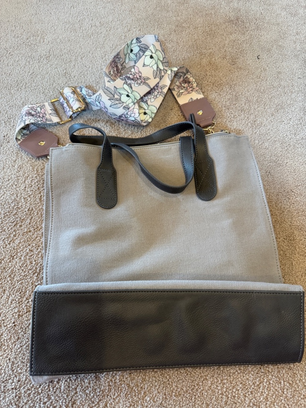 Erin Condren Gray Canvas Tote with Black Trim and Floral Adjustable Strap
